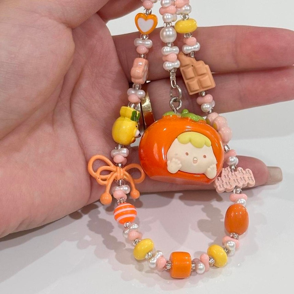 Handmade Kawaii Persimmon Beaded Phone Charm Keychain Wristlet